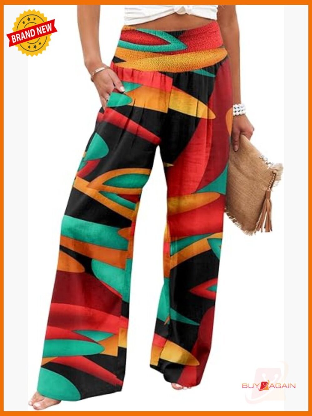 Elastic High Waisted Wide Leg Palazzo Pants with Pockets Casual Lounge Trousers - Picture 1 of 7